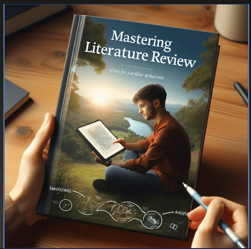 A student holding a book titled Mastering Literature Review